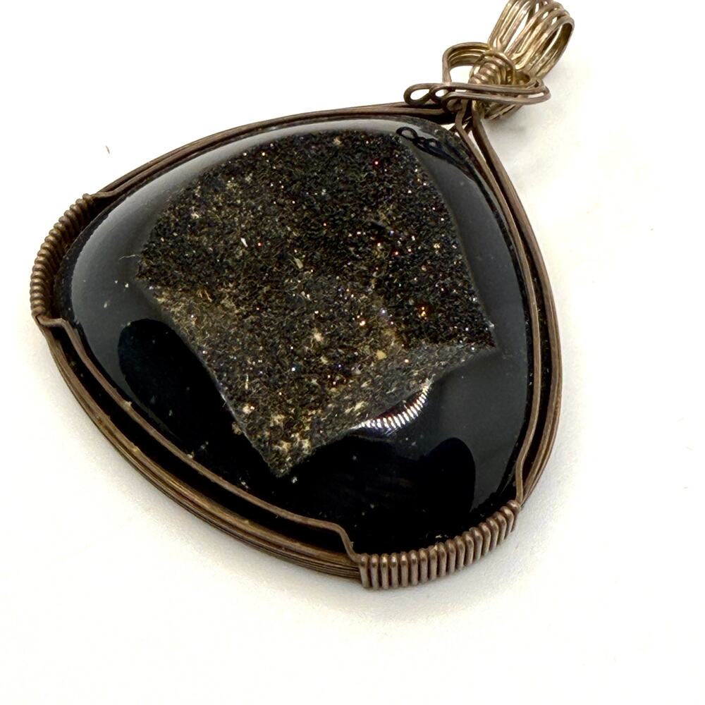 Vintage 90s Black Onyx Druzy Sterling Silver Wire Wrap Trillion Pendant